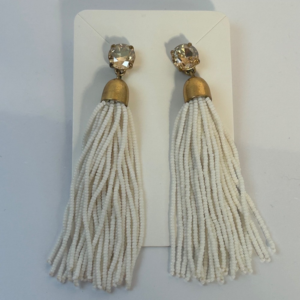 J. Crew Gold Tone Crystal Accent White Beaded Tassel Dangle Earrings Women - Picture 1 of 6